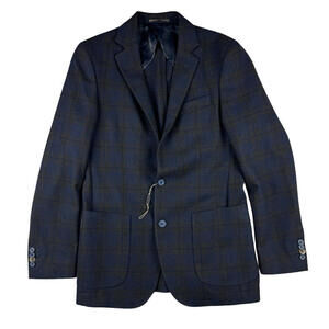Borrelli Virgin Wool Sport Coat Windowpane Check Blue Brown Size 46 EU | 36 US